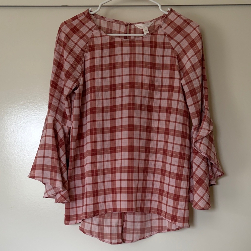 LC Lauren Conrad Pink and Red Plaid Ruffle Sleeve Blouse